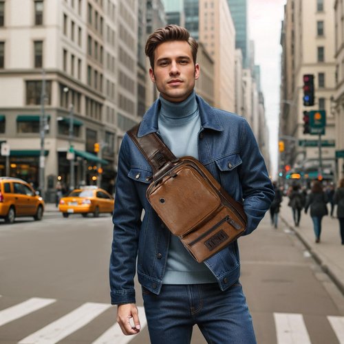 SUIKIHUM Vintage PU Leather Sling Backpack for Men, Crossbody Bag, Adjustable Shoulder Strap (Light Brown)