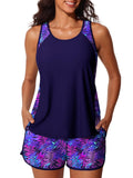 Summer Mae Plus Size Tankini Swimsuits for Women 2026 Tummy Control Two Piece Bathing Suits with Pockets Swim Shorts Purple Leaf Shadows Size 24 Plus