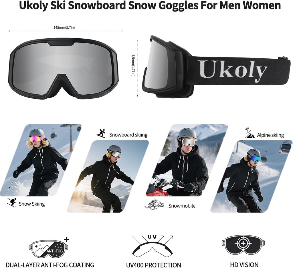 Ukoly Ski & Snowboard Goggles - HD Anti-Fog Lens, OTG Design, UV400 Protection | Windproof for Men & Women