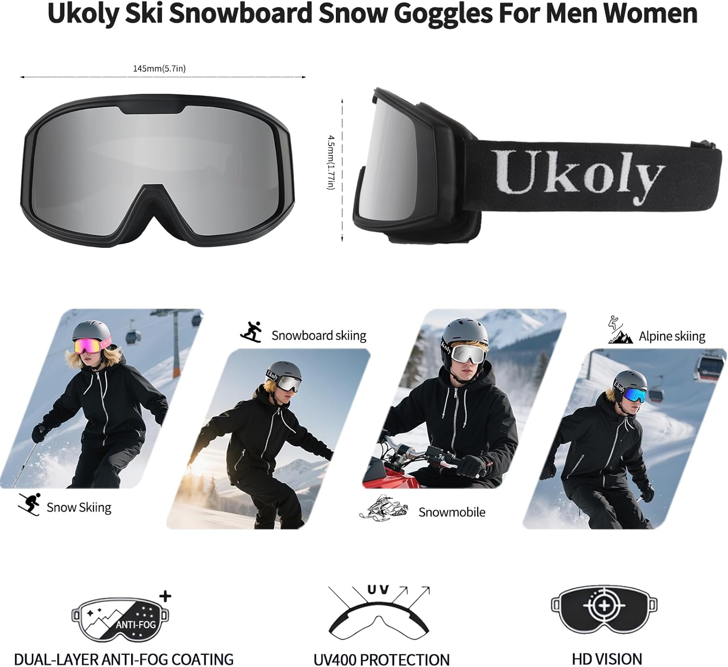 Ukoly Ski & Snowboard Goggles - HD Anti-Fog Lens, OTG Design, UV400 Protection | Windproof for Men & Women