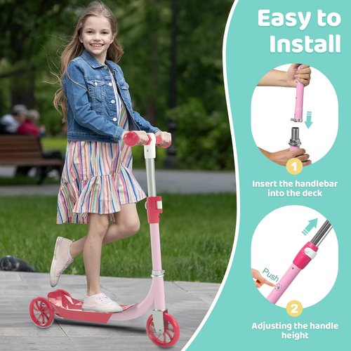 ADUBENRY Kids Kick Scooters, 3 Wheel Scooter for Kids Ages 3-10, LED Lighted Wheels with 3 Adjustable Height Handlebars for Boys & Girls Pink