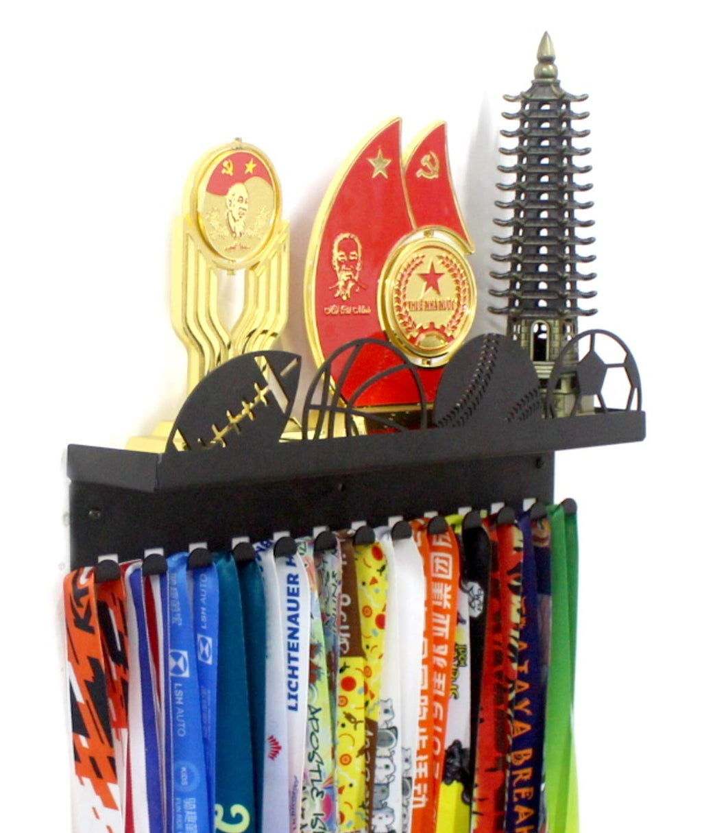 URBN BY MODERN HOME FINISHINGS Metal Wall Mount Sports Balls Design Kids & Adults Sports Medal Hanger Display, Ribbon Holder Rack with 3" Trophy Shelf Rack and Easy Hang Hooks, Black