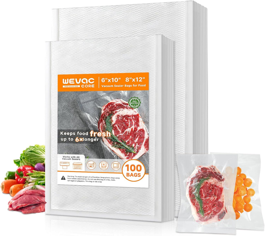 Wevac Vacuum Sealer Bags - Heavy-Duty BPA-Free Food Storage, 100 Count (6"x10" & 8"x12"), Puncture-Resistant & Freezer Safe