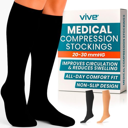 Vive Medical Compression Stockings - 20-30mmHg Knee High Socks for Varicose Veins - Support Stockings for Women/Men - Graduated Compression for Anti Embolism, Post Surgery, Swelling, Soreness (Black)