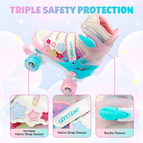 LEVYTEMP Kids Roller Skates for Girls Kids with Light Up Wheels, Adjustable 4 Sizes (10C-7.5Y), Star Design, Triple Safety System, Ideal Gift for Ages 3-12