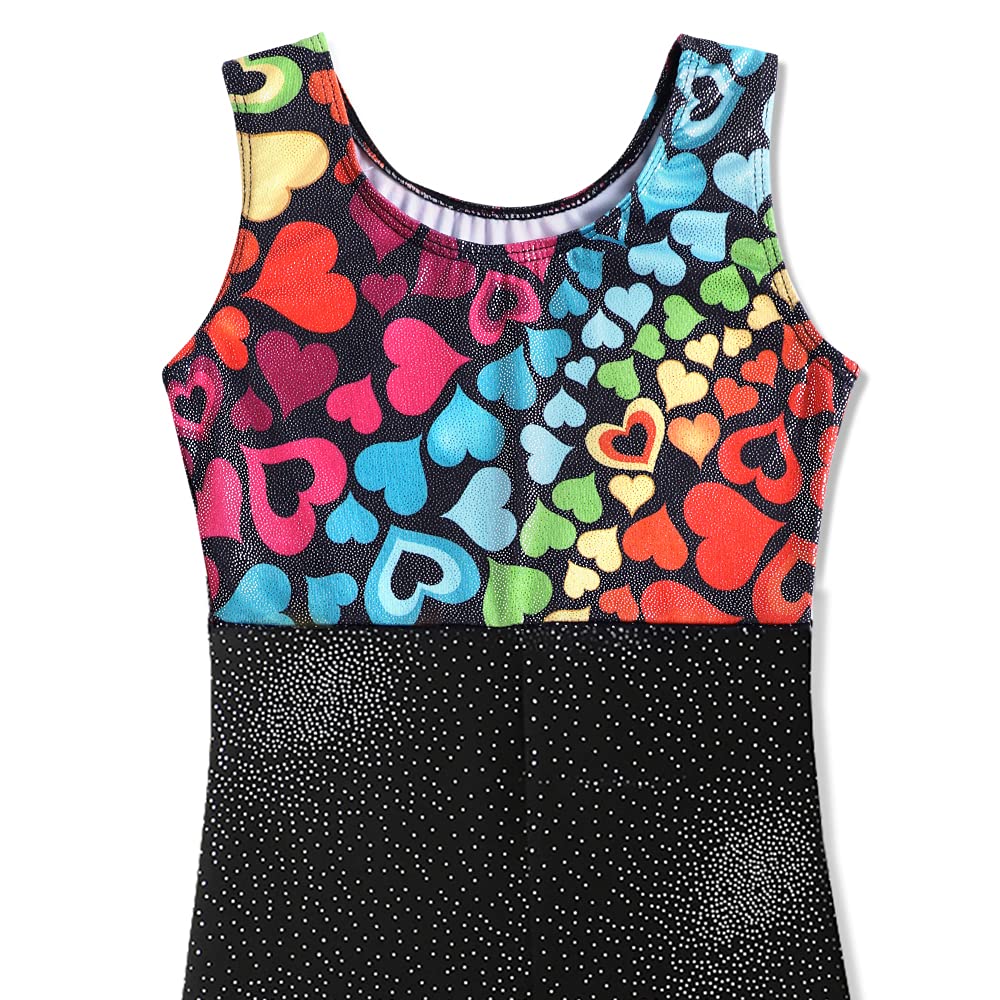 Leotards for Girls Gymnastics Ballet Dance Outfit size 6 7 Sparkle Colorful Hearts Sleeveless Biketards Hotpink Black (Rainbow Heart, 6-7 Years)