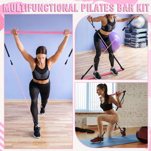 LaRandom Pilates Bar Kit with Resistance Bands Multifunctional Pilates Bar with Metal Adjustment Buckle Portable Storage Bag Yoga Essentials Kit Exercise Equipment for Home Women Gym Workout(Pink)