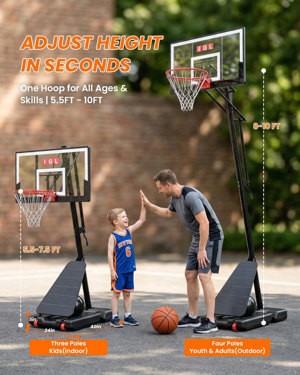 IGL Basketball Hoop Outdoor 40 Inch, Height Adjustable 5.5-10 FT, Portable Basketball Goal with Shatterproof Backboard for Kids Teens Adults, Backyard Driveway