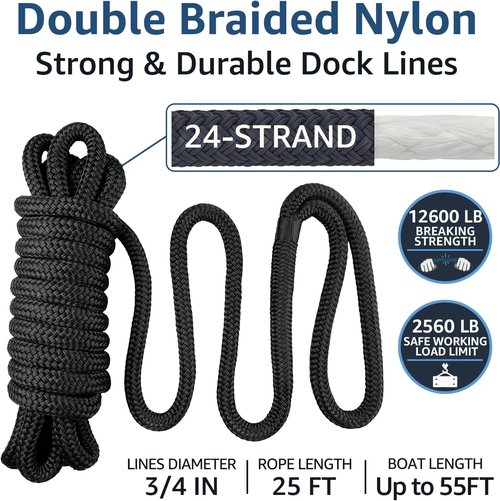 Marine Grade Dock Lines by [Brand Name] - 3/4" x 25' Nylon Boat Rope with 15" Loop - Heavy Duty, Fray Resistant, Easy Handling, Black