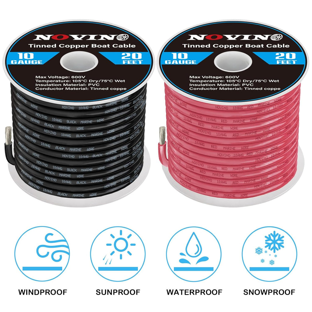 10 Gauge Marine Wire - 10 AWG Tinned Copper Electrical Cable for Boats & Automotive | 20FT Red & Black