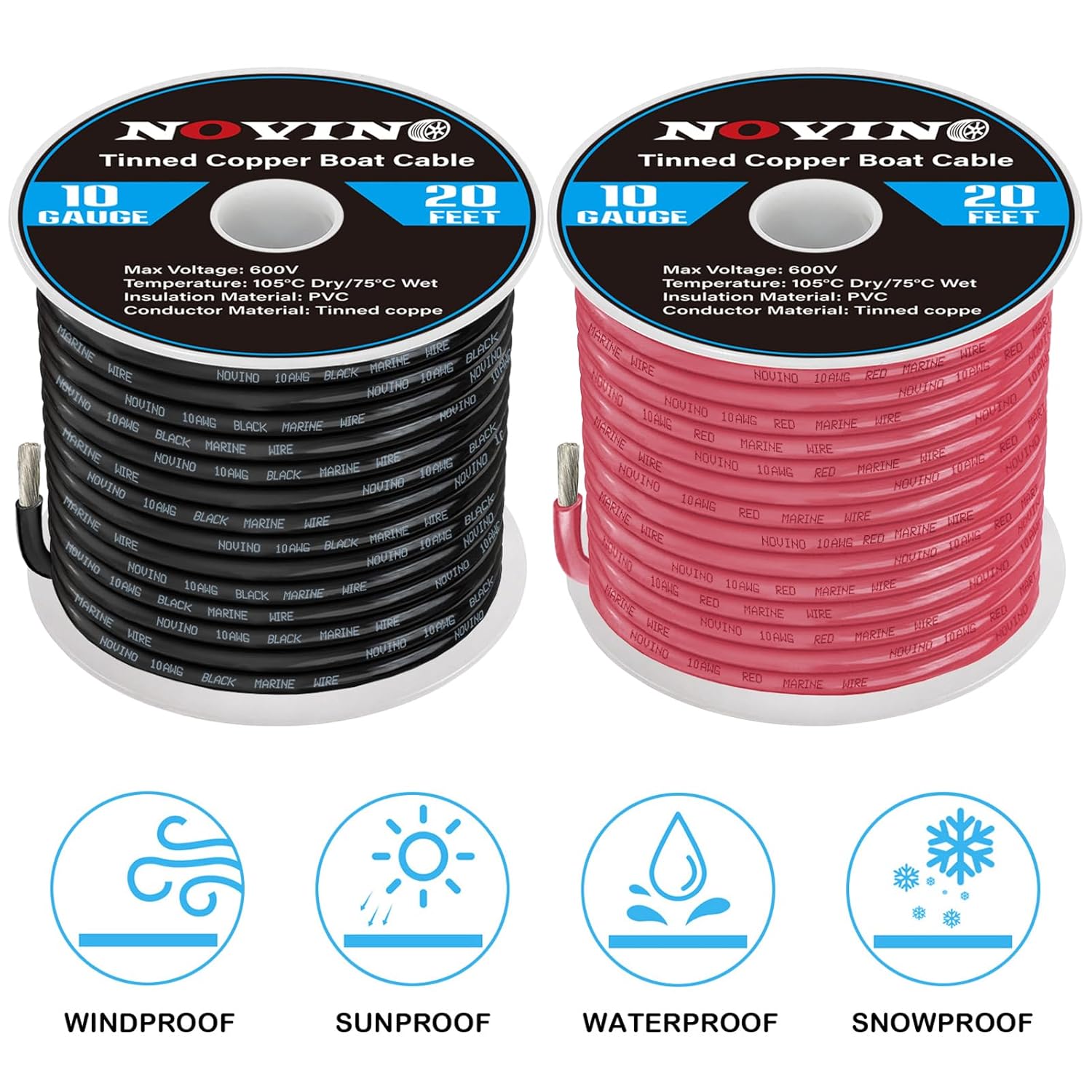 10 Gauge Marine Wire - 10 AWG Tinned Copper Electrical Cable for Boats & Automotive | 20FT Red & Black