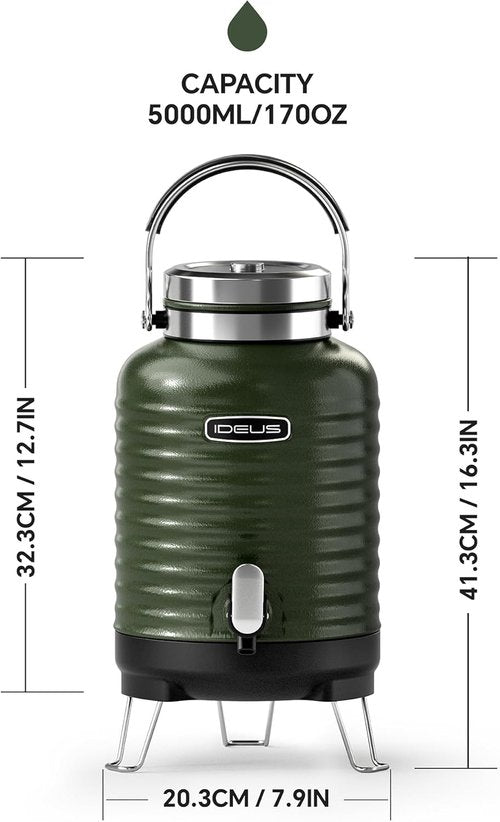 IDEUS Insulated Beverage Dispenser - Vacuum Double-Wall Stainless Steel Water Cooler | 1.4 Gallon, Green