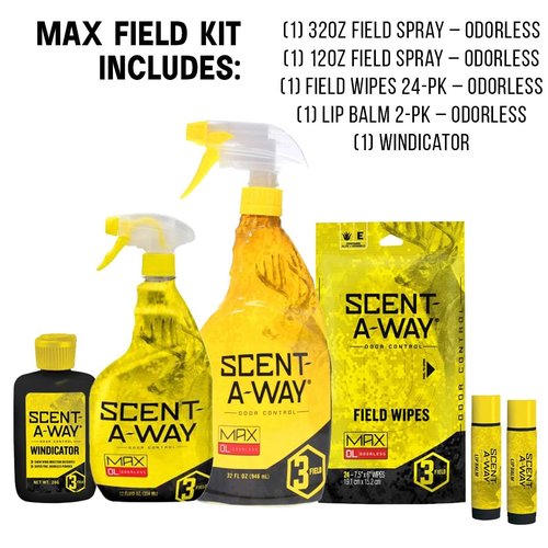 Hunters Specialties Saw Max Odorless Field Kit - 32 Oz Field Spray, 12 Oz Field Spray, 24 Pack Field Wipes, 2 Pack Lip Balm, Windicator