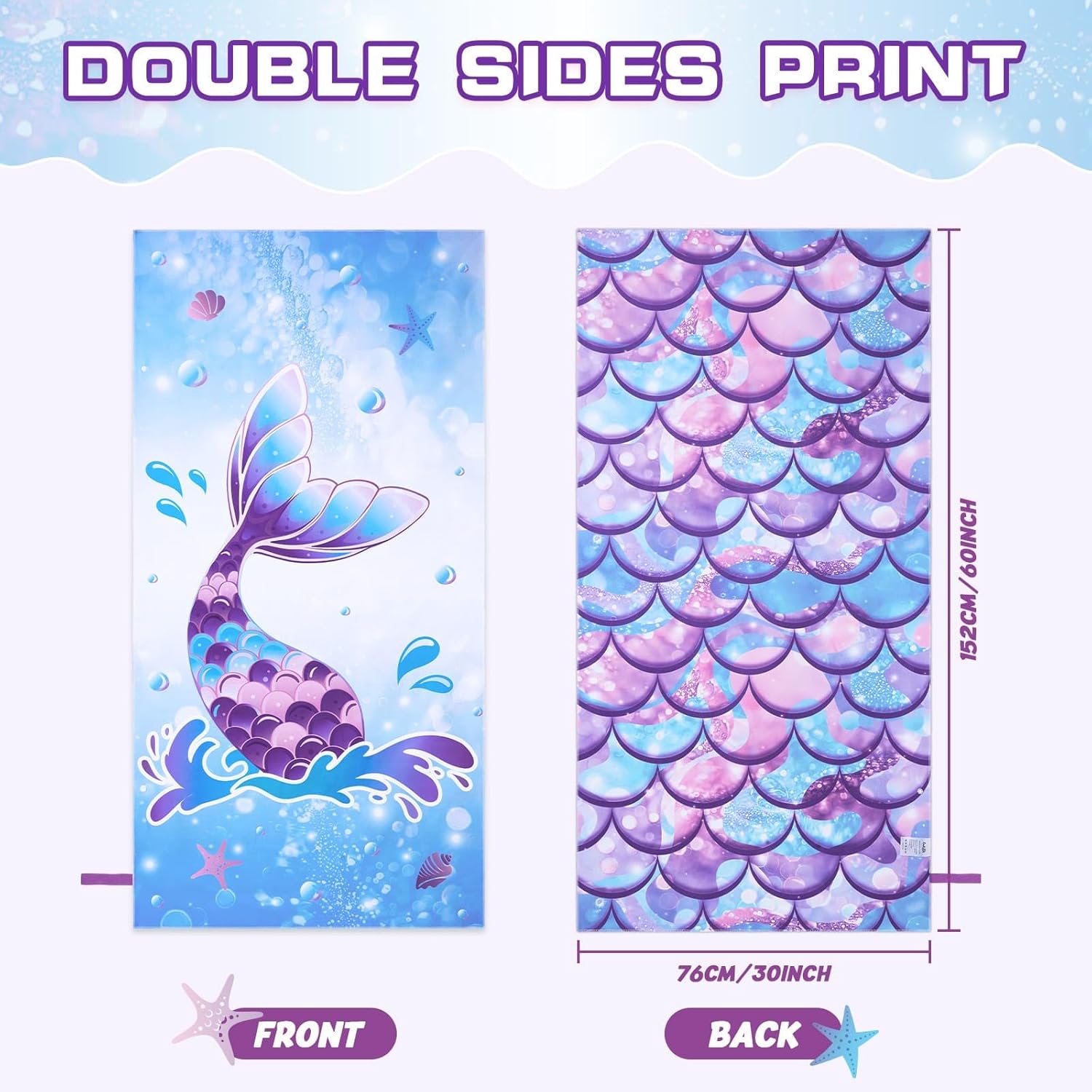 WERNNSAI Mermaid Kids Beach Towel - Double-Sided, Quick Dry, Ultra Absorbent | 30” x 60” Soft Swim Towel