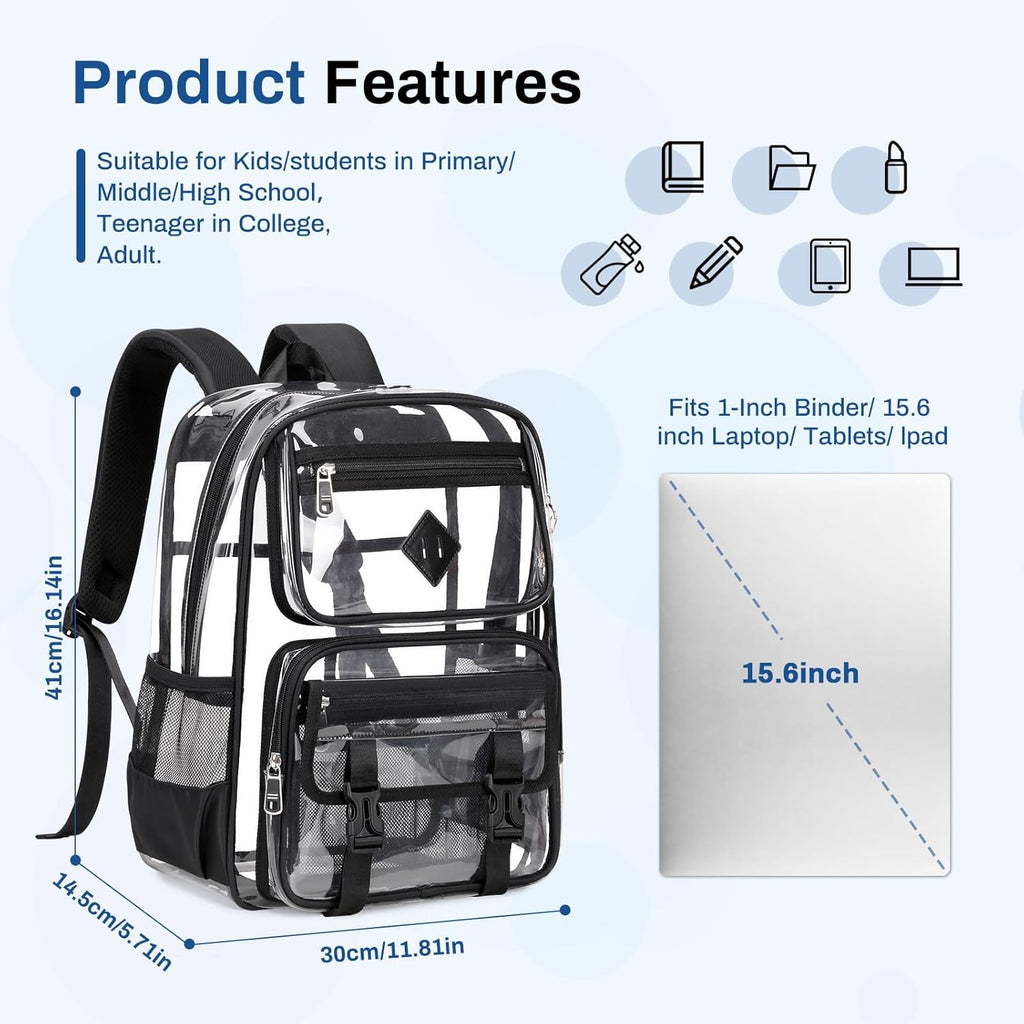 Sisipoet Clear Backpack for School, PVC Clear Bookbag Heavy Duty Transparent Backpack for Stadium Events See Through Bag