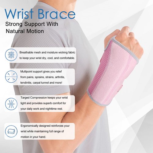 BAOPLAYKIDS Wrist Brace for Carpal Tunnel, Night Wrist Sleep Support Splint with Compression Sleeve Adjustable Straps for Pain Relief, Arthritis, Tendonitis, Fitness (Left Hand-Pink, S/M (Pack of 1))