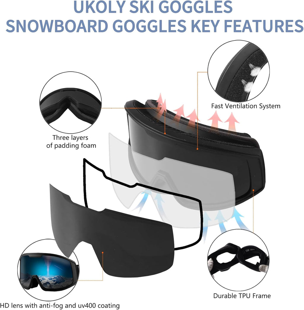 Ukoly Ski & Snowboard Goggles - HD Lens, Anti-Fog Coating, UV400 Protection | Unisex Design