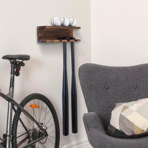 MyGift Wood Baseball Bat Holder - Wall-Mounted Display Shelf for Sports Memorabilia & Collectibles