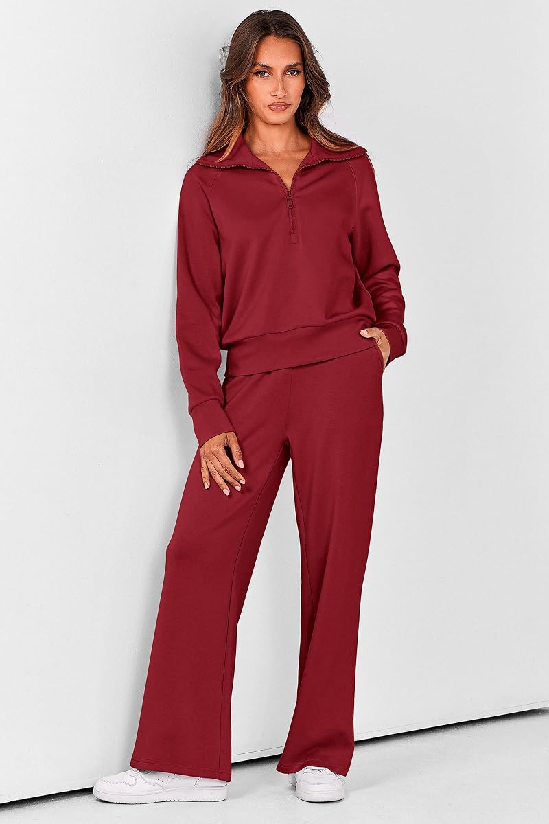 2-Piece Lounge Set for Women - Half Zip Sweatshirt + Palazzo Pants, Wine Red, Size M