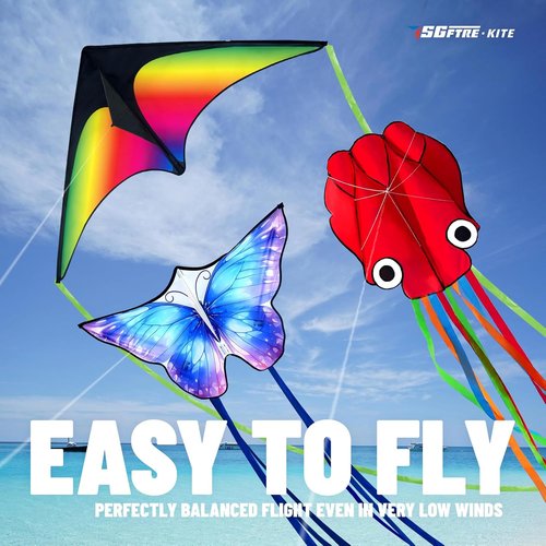 **SGftre 3-Piece Kite Set - Easy-to-Fly Butterfly, Delta & Octopus Kites for Kids & Adults | Colorful Designs**