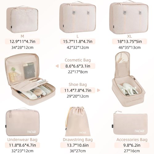 BAGAIL Packing Cubes - 8 Set Luggage Organizers for Travel Accessories | Cream Color