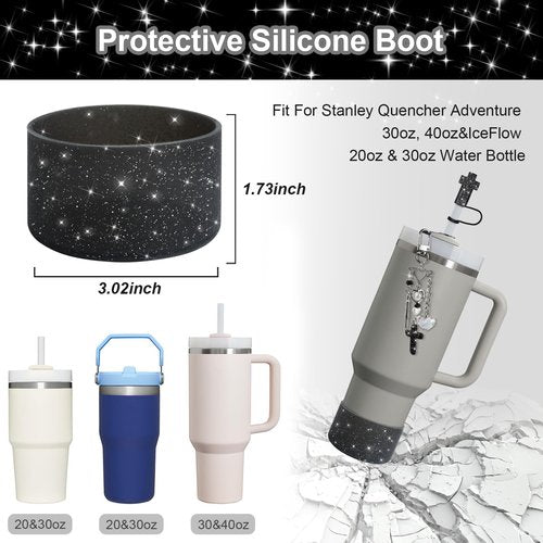 VirgoCCY 5PCS Stanley Cup Accessories Set 30&40 Oz, Includes 1 Glitter Straw Covers, 1 Glitter Handle Strap, 1 Straw Adapters Charm Blank with 1 Cross Charms and 1 Glitter Silicone Boot, Black