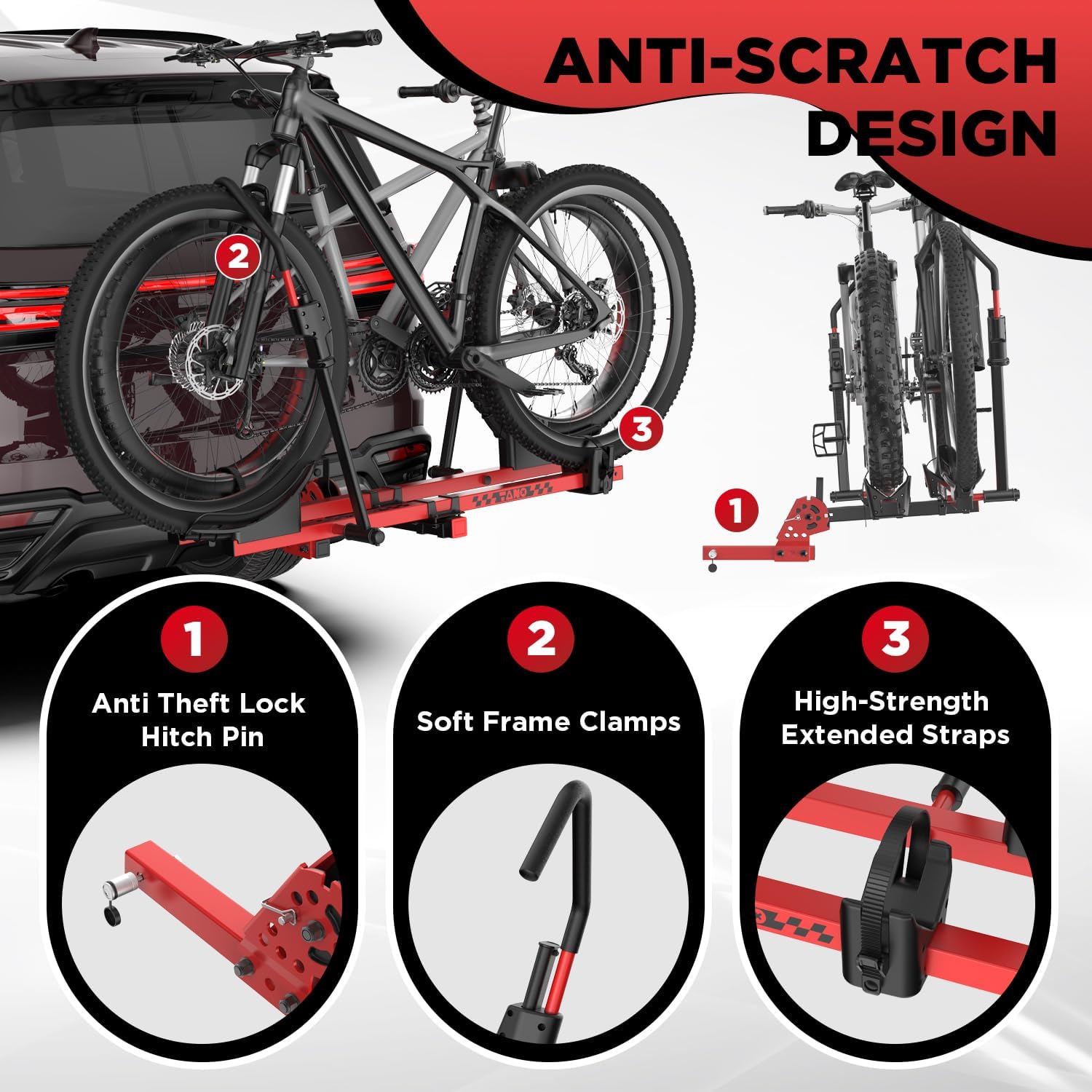TANX Bike Rack for E-Bikes | Smart Tilting Platform for Fat Tire Bikes | 200 lbs Capacity, Fits 2-Inch Receiver, Red