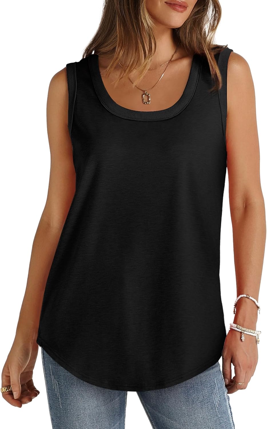 Saloogoe Women's Tank Tops - Summer Loose Sleeveless Design with Ribbed Trim | Scoop Neck, Curved Hem