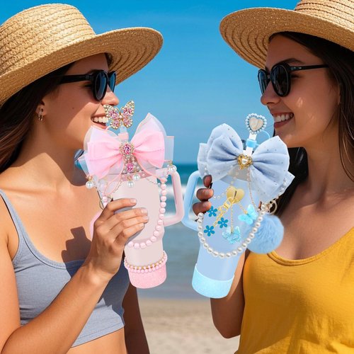LBU Bling Stanley Cup Accessories for 40&30&20 Oz Tumbler Including Diamond Bow Straw Topper, Stanley Bracelets Charms, Butterfly Straw Cover Cap, Pearl Handle Strap, Silicone Boot, Pom-Pom (Pink)