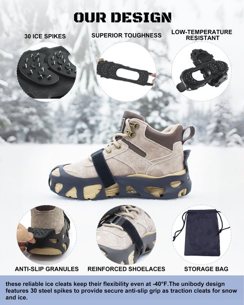 Ice Cleats for Shoes and Boots, Non-Slip Gripper for Shoes, Ice Traction Cleats with 30 Steel Studs Crampon for Walking On Snow and Ice, Shoe Grips for Ice Fishing, Hiking, Snow Shoveling