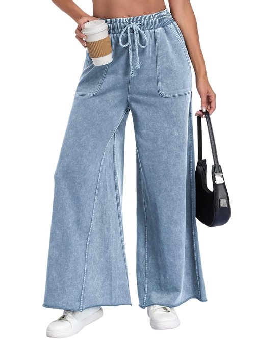 TITOMD Womens Wide Leg Sweatpants Jeans Acid Wash Denim Sweatpant Drawstring 2026 High Waist Baggy Casual Palazzo Pants Navy XL