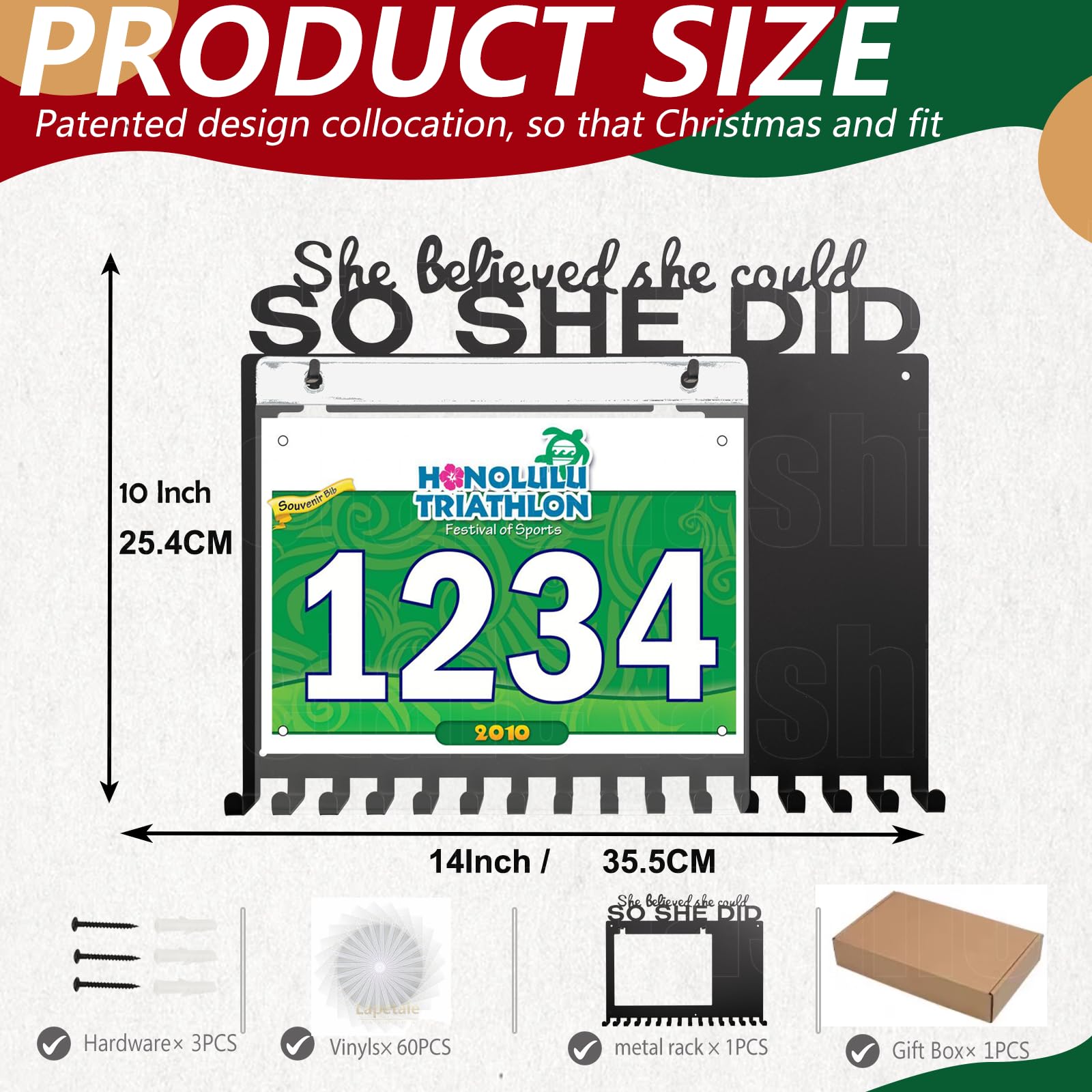Lapetale Fashion She Believed She Could SO SHE DID Race Bib and Medal Display,Marathon Medal Display and Runner Medal Hanger Display,Bib Running Medal Display Gifts for Runners Athlete Luxurious 60
