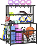 HOOBRO Ball Storage Rack - Heavy Duty Garage Organizer with Hooks & Basket | Black, Ideal for Outdoor & Basement