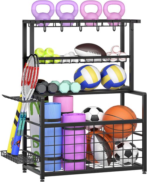 HOOBRO Ball Storage Rack - Heavy Duty Garage Organizer with Hooks & Basket | Black, Ideal for Outdoor & Basement