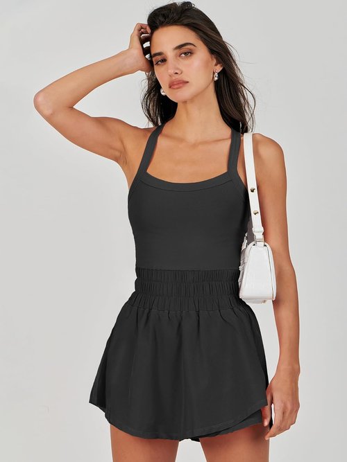 ANRABESS Women's Mini Tennis Dress - Sleeveless One-Piece Workout Romper with Shorts | Summer Athletic Outfit