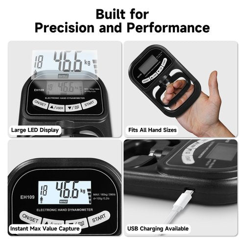 Fanovae Digital Grip Strength Tester & Trainer Set – LCD Hand Dynamometer with 19-User Memory, USB or Battery Powered + Electronic Grip Exerciser with 1-Touch Reset – Fitness Gift for Men