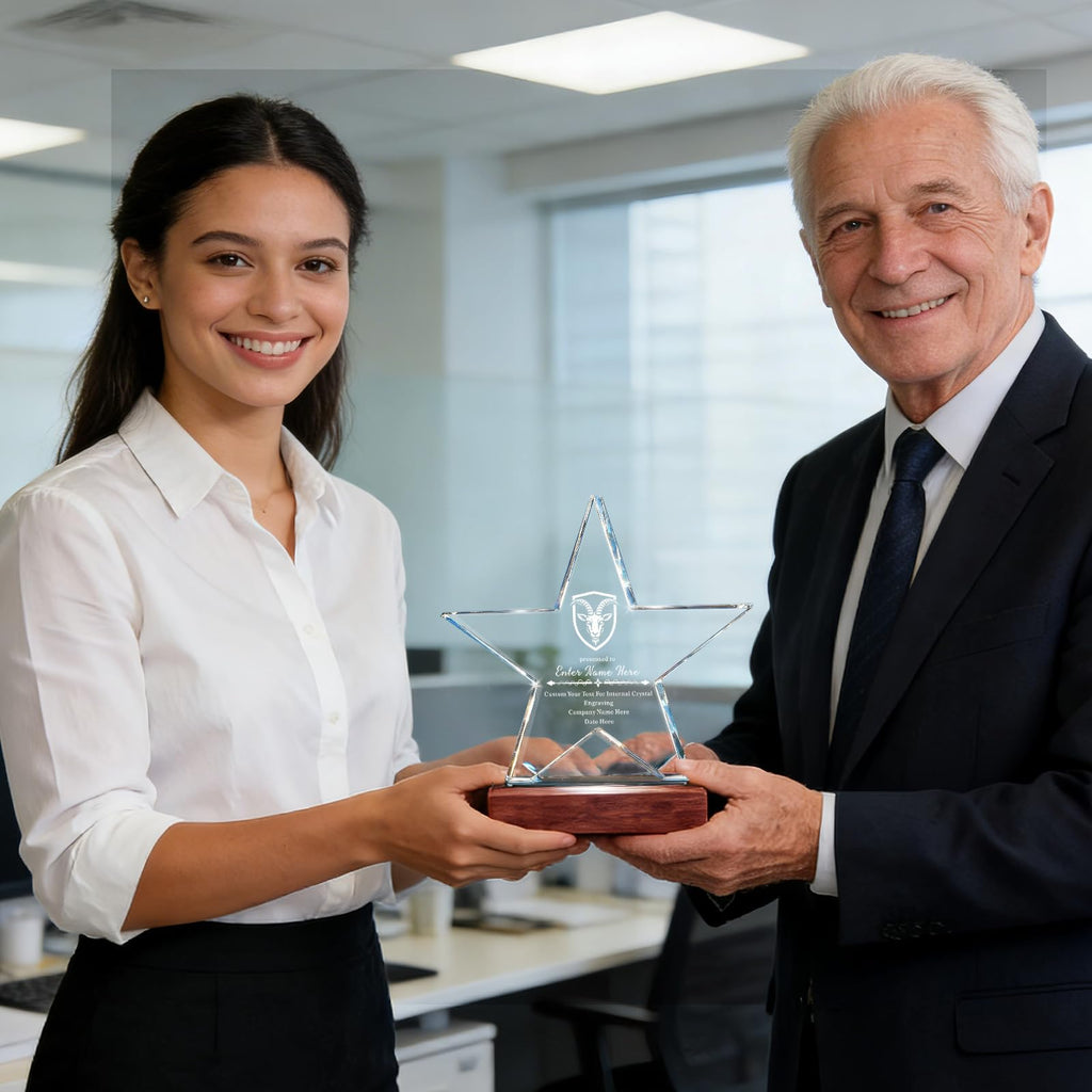 Custom Crystal Star Award Trophy with Engraved Logo Name Text, Personalized Employee Recognition Award Plaque, Corporate Appreciation Trophy for Leadership Retirement Sales Achievement