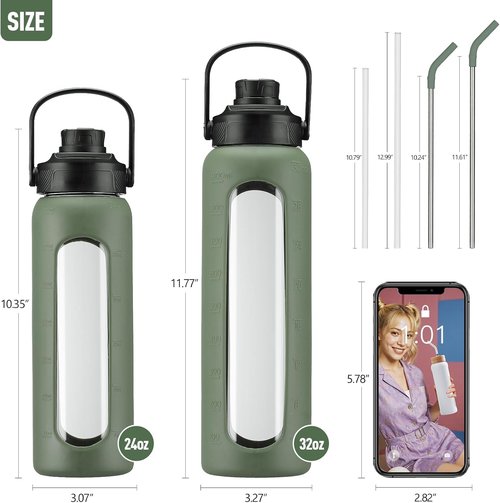 Kodrine 24 oz Glass Water Bottle - Bamboo Straw & Spout Lids with Handle | Time Marker for Sports & Travel