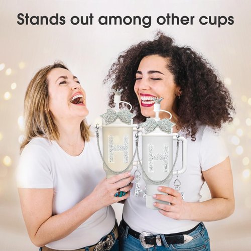 8Pcs Silvery Stanley Cup Accessories Set for Stanley Cup 30&40 Oz Tumbler - Silicone Straw Cover Cap and Boot, Handle Letter Charm, Bow Decoration Initial Sticker, Diamond Water Bottle Handle Strap(H)