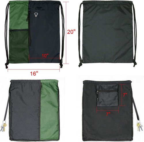 BeeGreen Drawstring Gym Backpack - Large Cinch Sackpack with Zipper & Water Bottle Pockets | Black/Green
