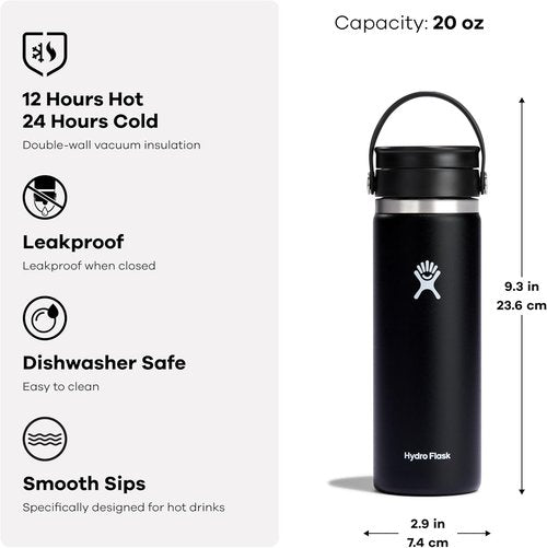 Hydro Flask Wide Mouth Water Bottle - Insulated Travel Cup with Flex Sip Lid | 20 Oz