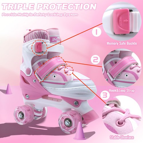 SMOOJOY Kids Roller Skates for Girls Boys Youth, Adjustable Light-Up Canvas Pink Quad Skate for Ages 6-12 Beginners' Outdoor Indoor Sports