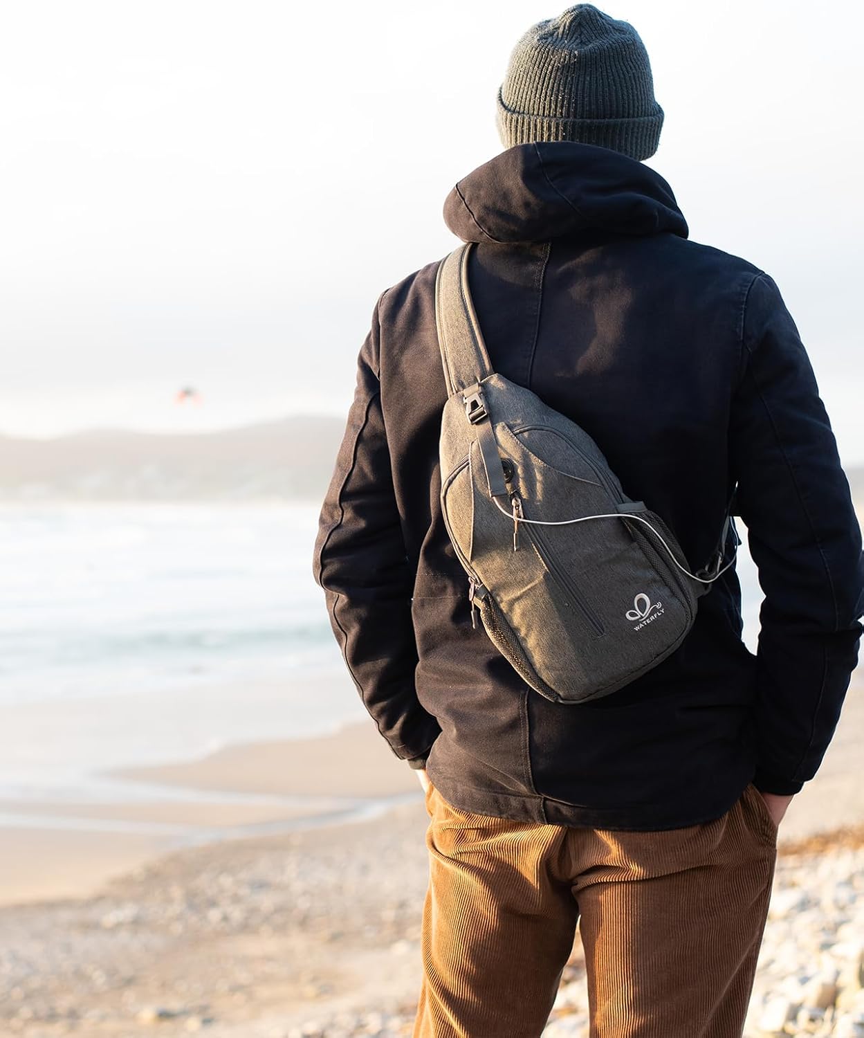 WATERFLY Crossbody Sling Backpack - Lightweight Travel & Hiking Chest Bag | Black Color