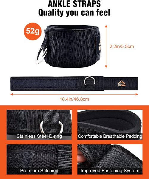 ATENTO Ankle Straps - Comfortable Padded Cuffs for Cable Machines | Adjustable for Glutes & Lower Body Workouts