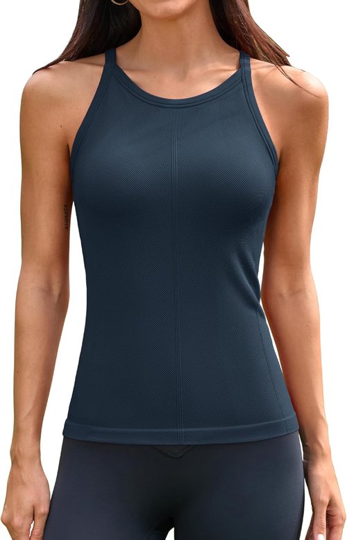 ATTRACO Women's Workout Tank Top - Built-In Bra, Seamless Ribbed Racerback Camisole | Athletic Fit