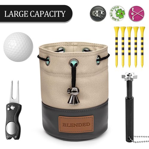 BAIRBRE Golf Valuables Pouch,Bucket Waist Design Golf Pouch Bag with Drawstrings Golf Tee Bag Pouch Leather for Men Women Khaki