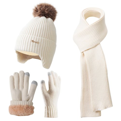Womens Winter Beanie Hat Scarf and Gloves Set Earflap Girls Beige Earmuffs Cable Beanies with Pompom Knitted Scarf Touch Screen Gloves Sets Ladies Black Knit Thick Warm Soft Fleece Lined Thermal Cap