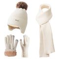 Womens Winter Beanie Hat Scarf and Gloves Set Earflap Girls Beige Earmuffs Cable Beanies with Pompom Knitted Scarf Touch Screen Gloves Sets Ladies Black Knit Thick Warm Soft Fleece Lined Thermal Cap