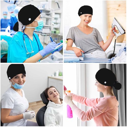 Working Cap Scrub Caps for Women, Adjustable Long Hair Nurse Head Cap, Surgical Bonnet with Sweatband & Buttons