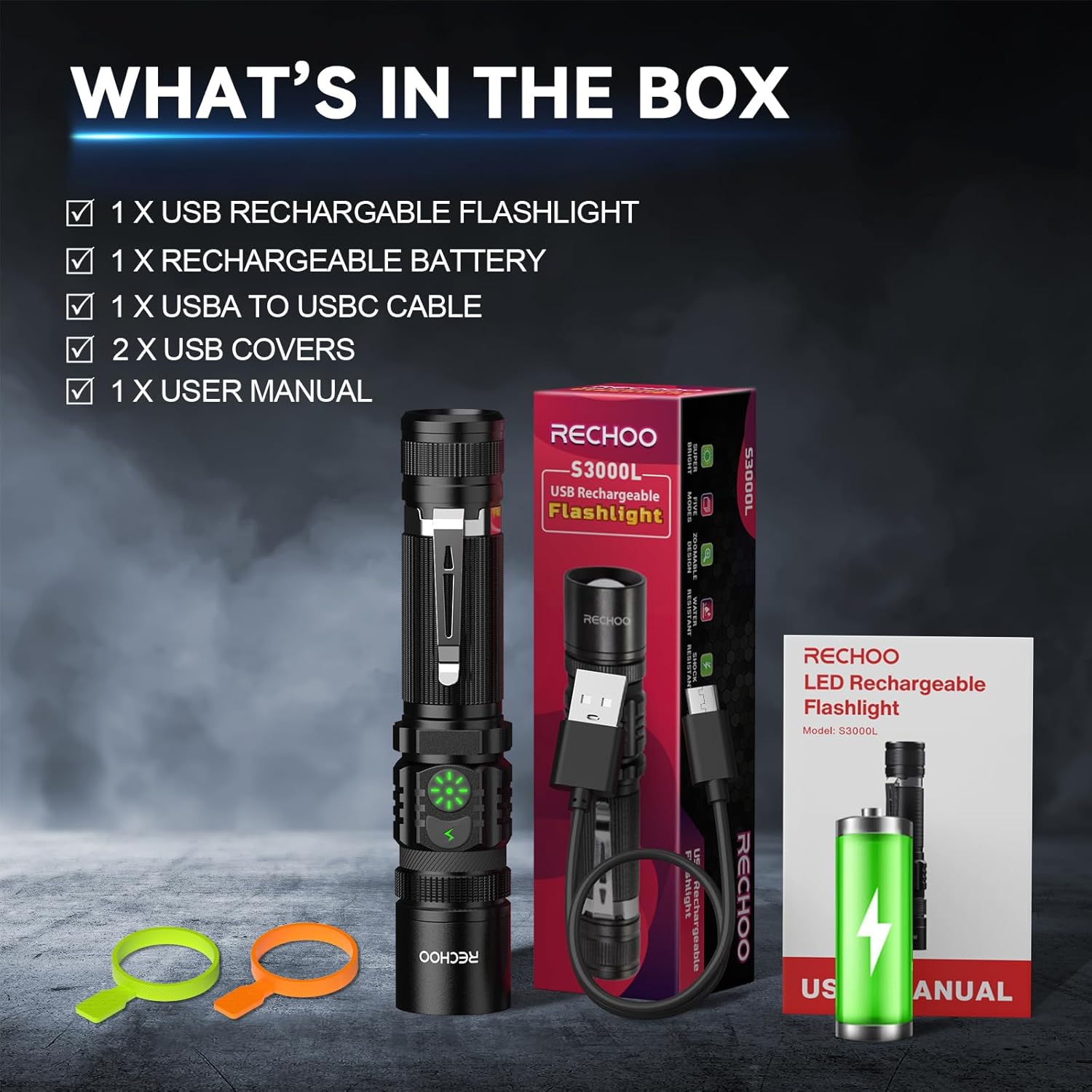 RECHOO Rechargeable LED Flashlight - High Lumens, Dual Switch, 5 Lighting Modes | Ideal for Home & Camping